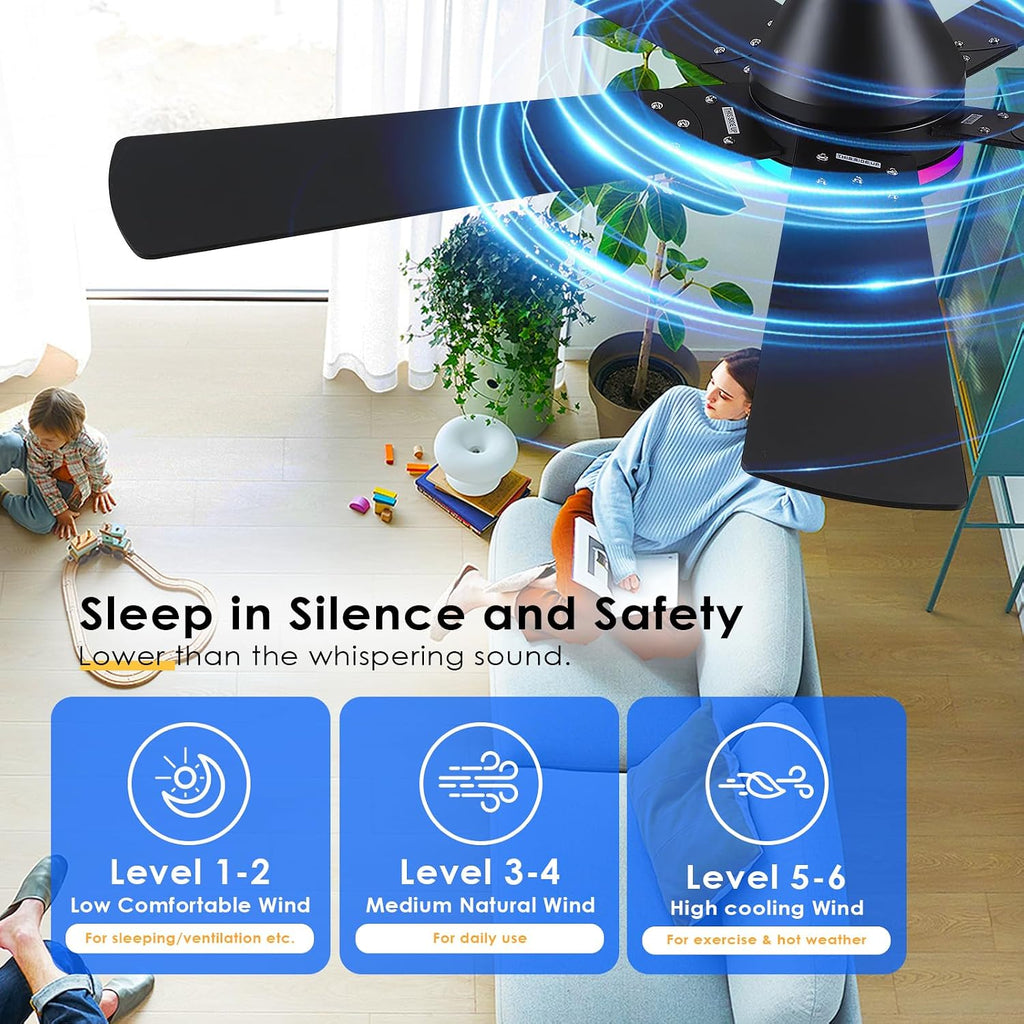 52In Black RGB Ceiling Fans with Lights - Flush Mount Low Profile Ceiling Fan Light with Remote/APP, RGB+3CCT 6 Wind Speeds and Reversible, Modern Fan Light Fixture for Party, Kid's Room
