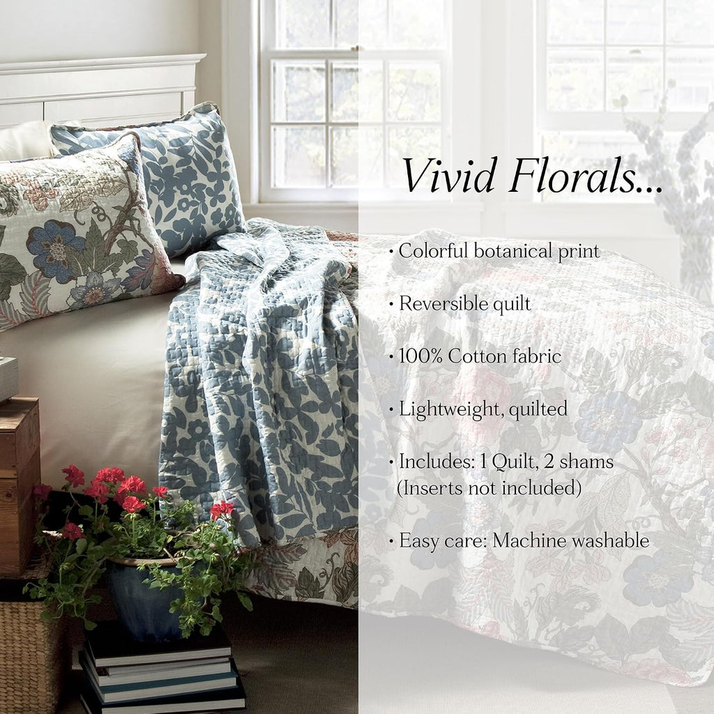 Reversible Cotton Quilt Set, 3 Piece Set, /, Green & Blue - Cotton Bedding Set - Blue Floral Quilt