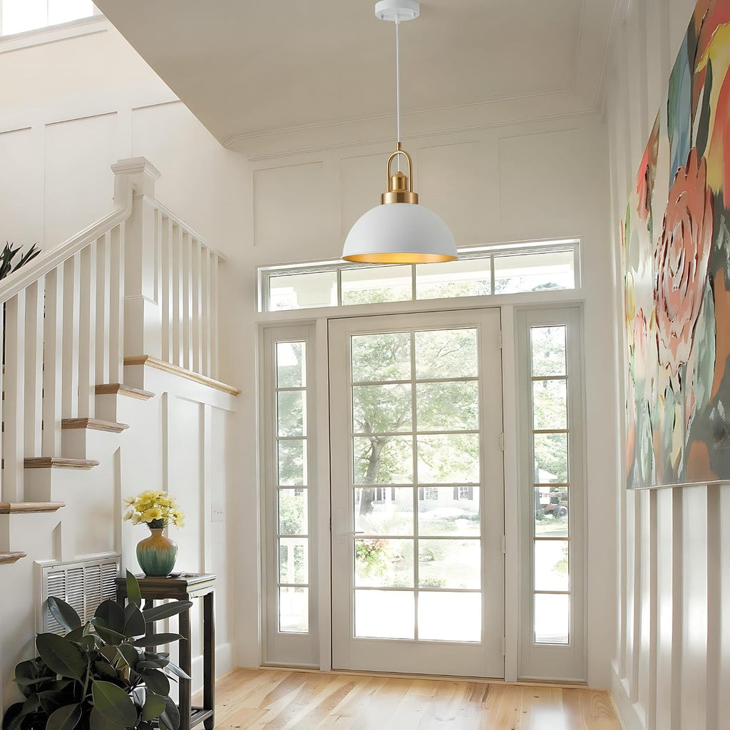Farmhouse 11.81" White Pendant Light with Gold Finish, Industrial Metal Hanging Lighting Fixtures, Adjustable Height