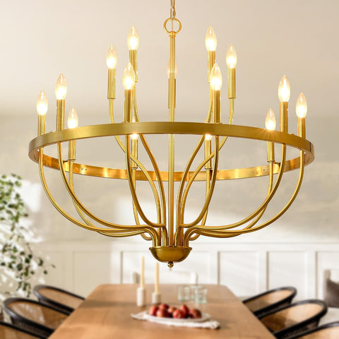 Gold Chandelier 15-Light Candle Chandelier Modern Farmhouse Pendant Lighting Fixture for Dining Room Bedroom Living Room Kitchen Island Foyer Entryway E12 Bulb Vintage Golden Ceiling Light A109-B0F98W9YF6