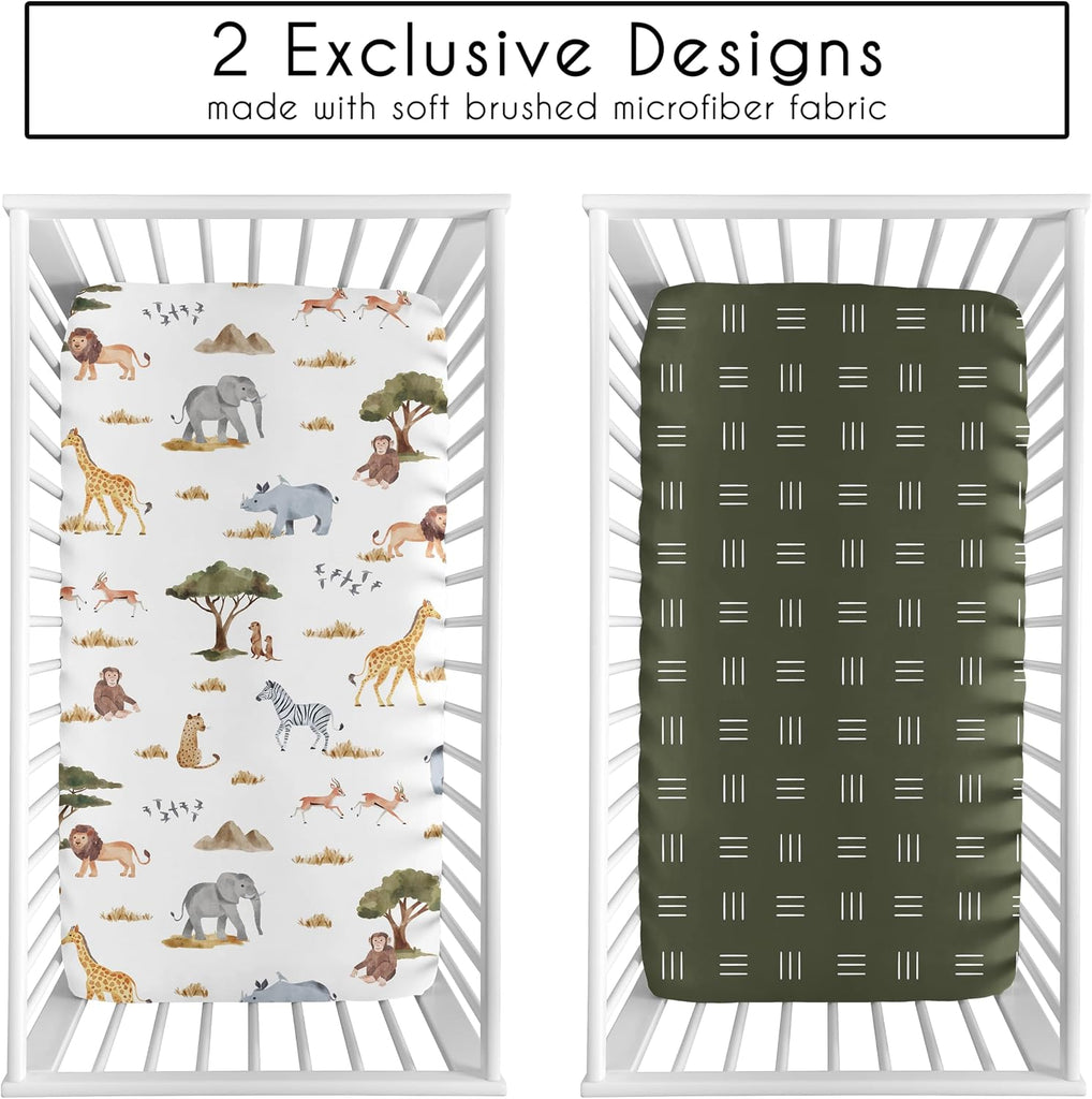 2-Piece Baby Crib Sheets Set (Jungle Safari Animals) for Boys or Girls, Infant Nursery, Toddler Room - Standard Size