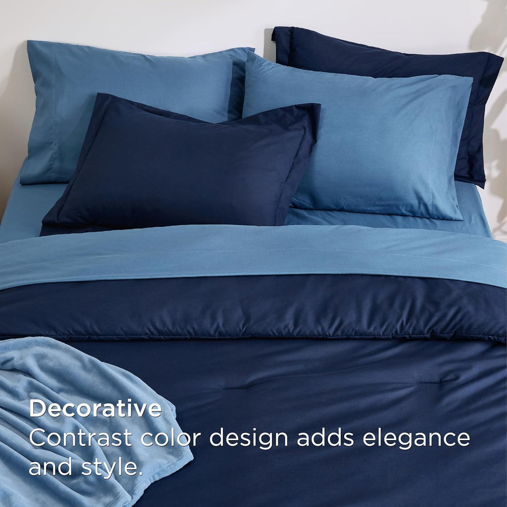 Full Comforter Set Navy Blue, 8 Pieces Prewashed Full Bed in a Bag with Soft Fleece Bed Blanket
