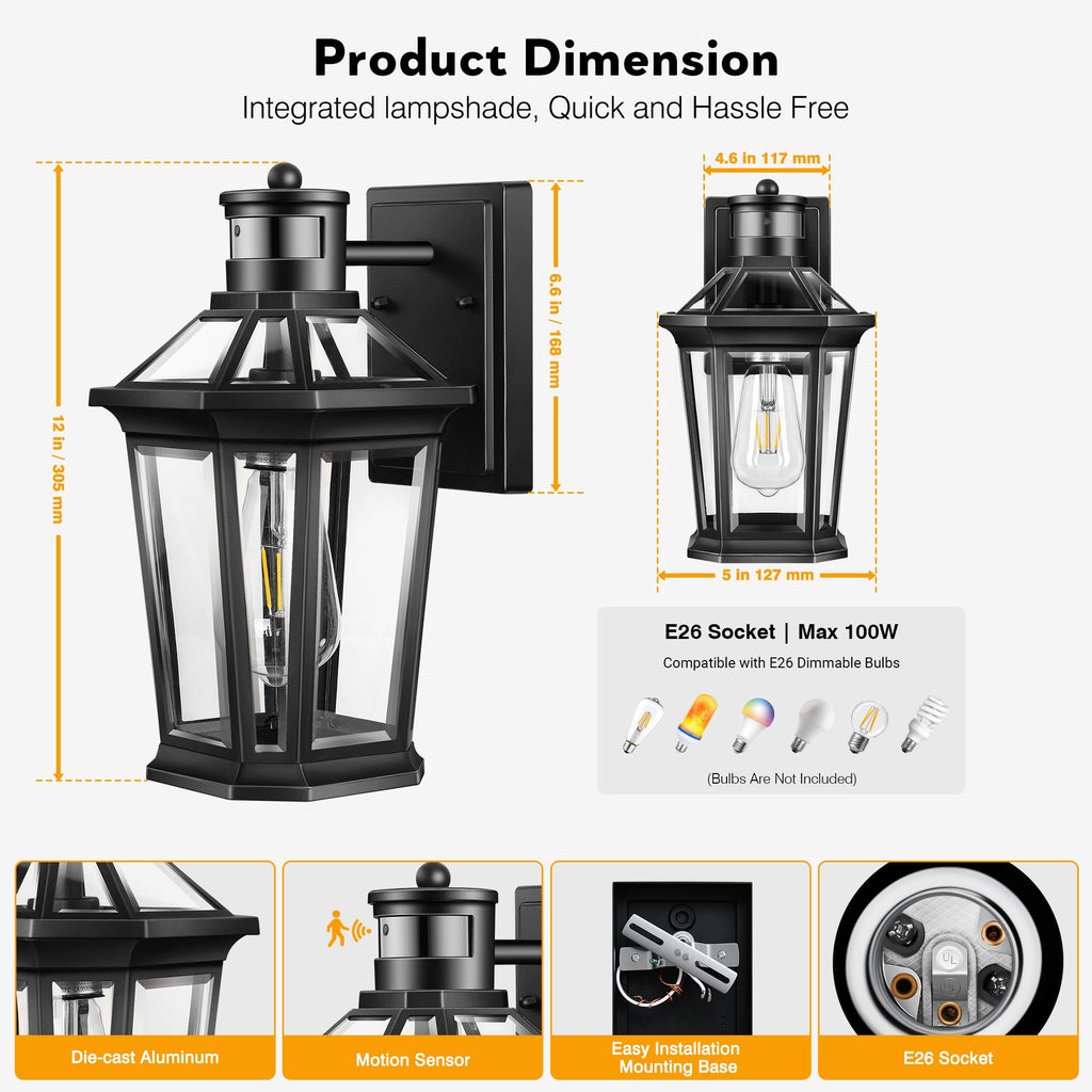 Motion Sensor Outdoor Lighting, Outdoor Wall Lights Wall Mount with Clear Glass, Black Dusk to Dawn Garage Light