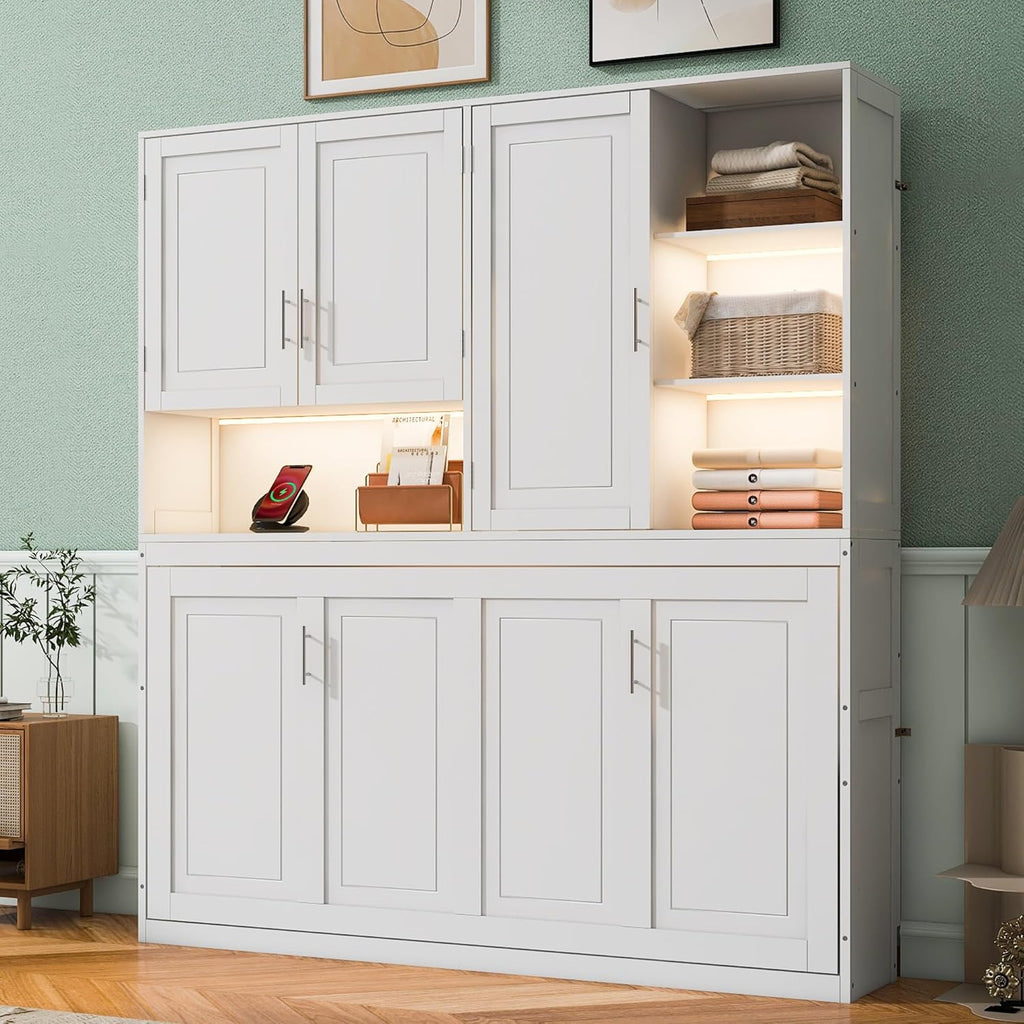 Twin Murphy Bed with Storage Bookcase and Shelves, Space-Saving Horizontal Wall Bed with LED Light & Charging