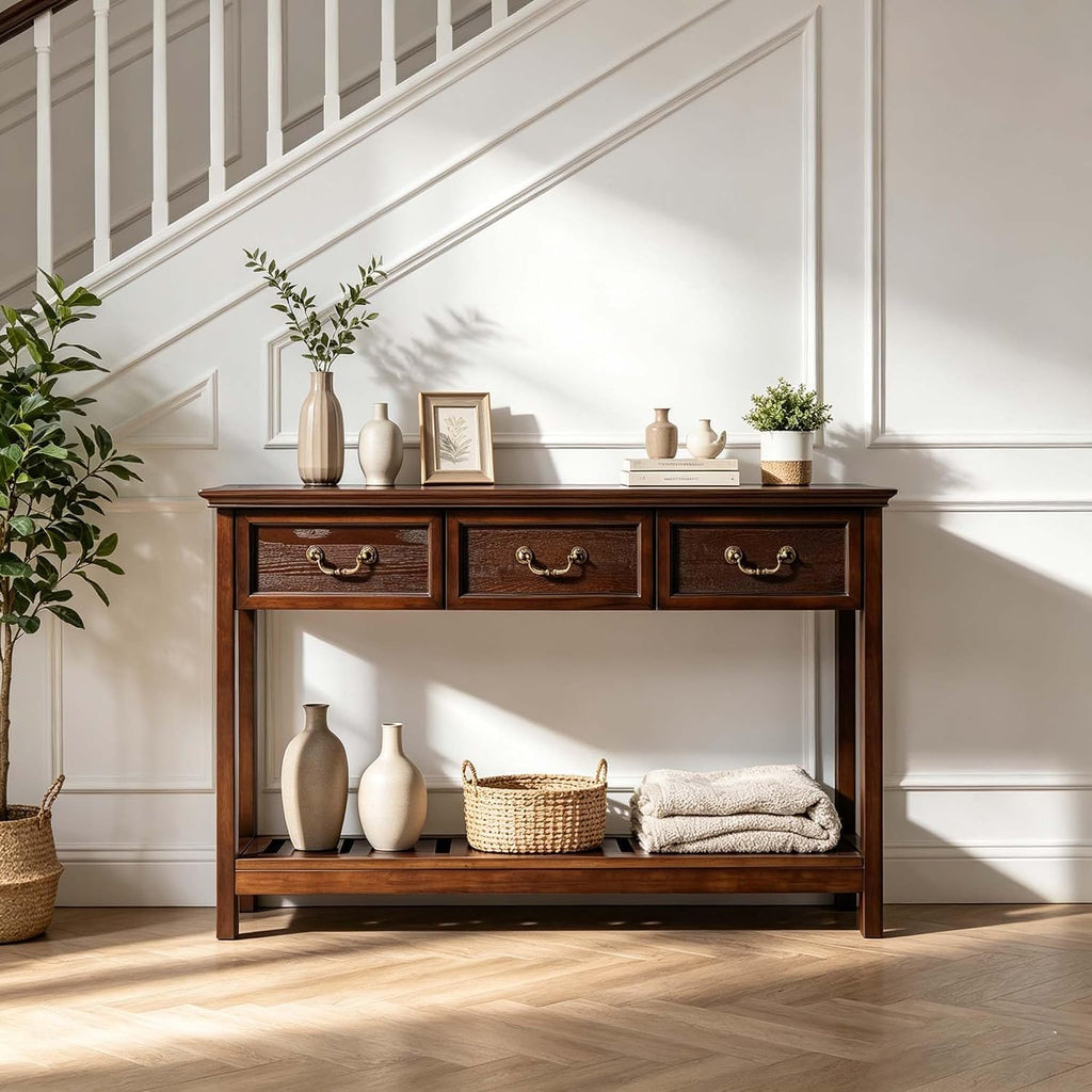 47'' Solid Wood Console Table with Storage, Narrow Long Rustic Sofa Table with 3 Drawers and Open Shelf, Farmhouse
