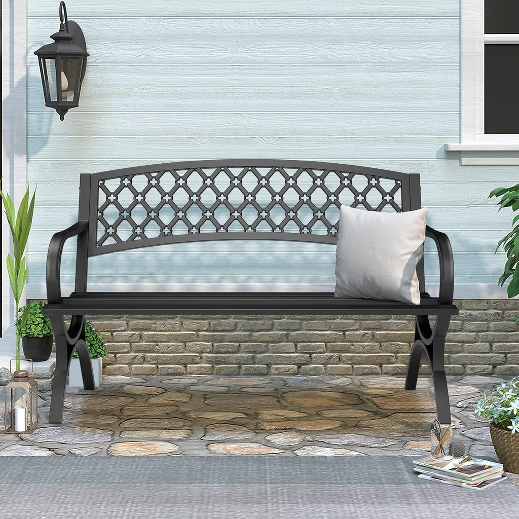 Outdoor Bench Garden Benchs, Weatherproof Anti-Rust Heavy-Duty Outside Bench Clearance, Wrought Iron Metal Bench for