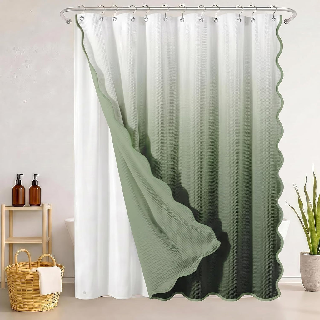 Scalloped Shower Curtain with PEVA Liner Set, Ombre Sage Green Modern 3 in 1 Heavy Duty Waffle Weave Waterproof