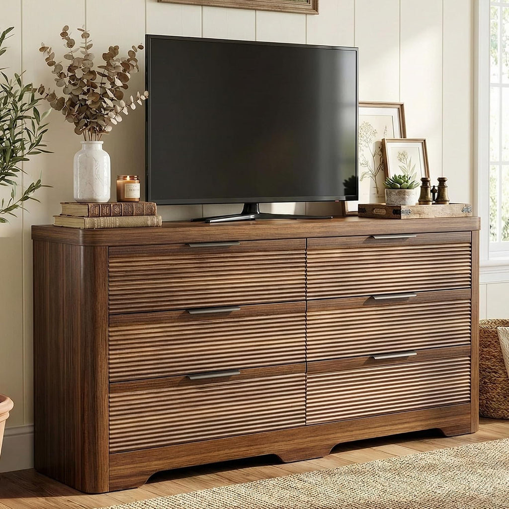 Fluted 6 Drawer Dresser,Farmhouse Wood Dresser | TV Stand,Thickened Curved Profile Design,Bedroom,Entryway,Wood