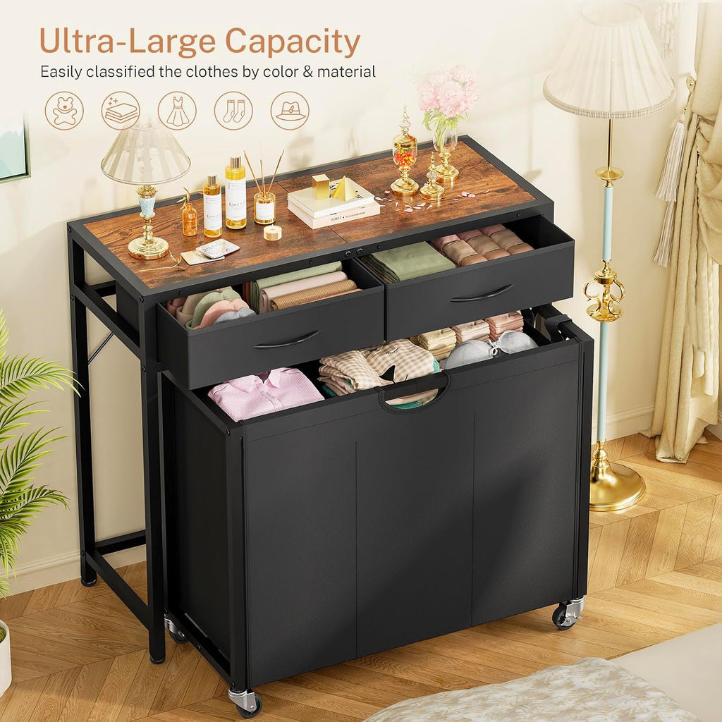 Laundry Sorter, Rolling Laundry Hamper with 3 Section Pull-Out Bags, Laundry Basket Organizer with 2 Drawers & 2-Tone