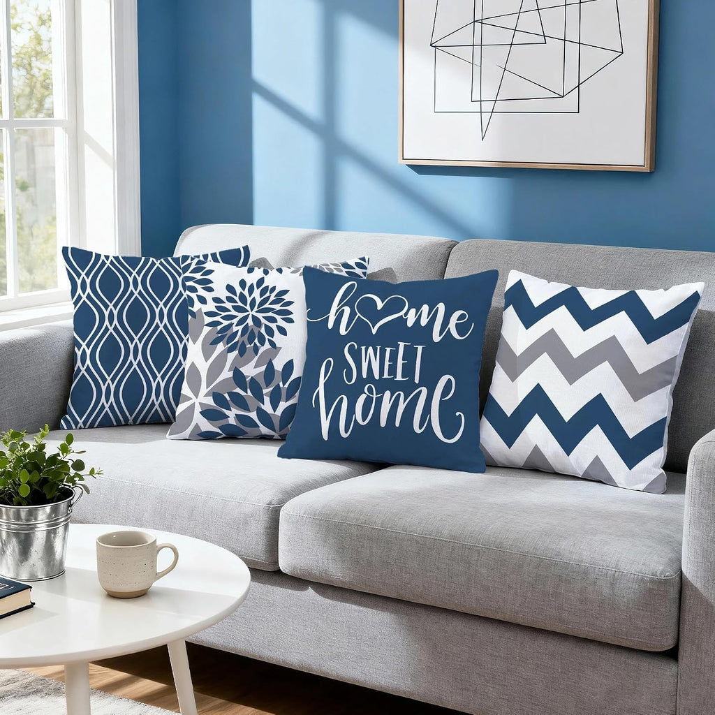 Geometric Blue Pillow Covers 18x18 Set of 4, Decorative Outdoor Boho Modern Throw Pillow Covers, Home Sweet Home