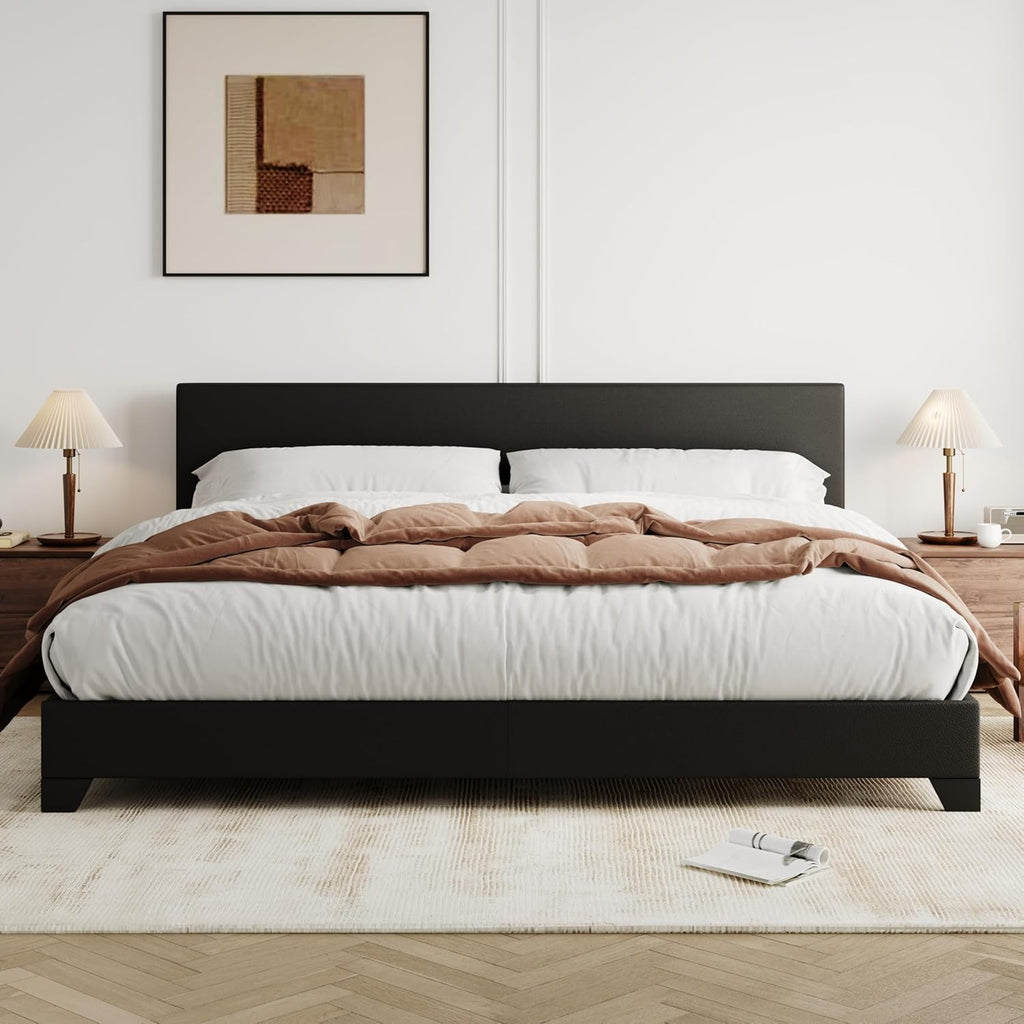 King Bed Frame with Adjustable Headboard, Faux Leather Platform Bed with Wood Slats, Heavy Duty Mattress Foundation