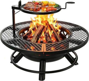 Fire Pit with Poker, 40 inch Outdoor Fire Pit Patio, Wood Burning Firepits for Outside with Grill