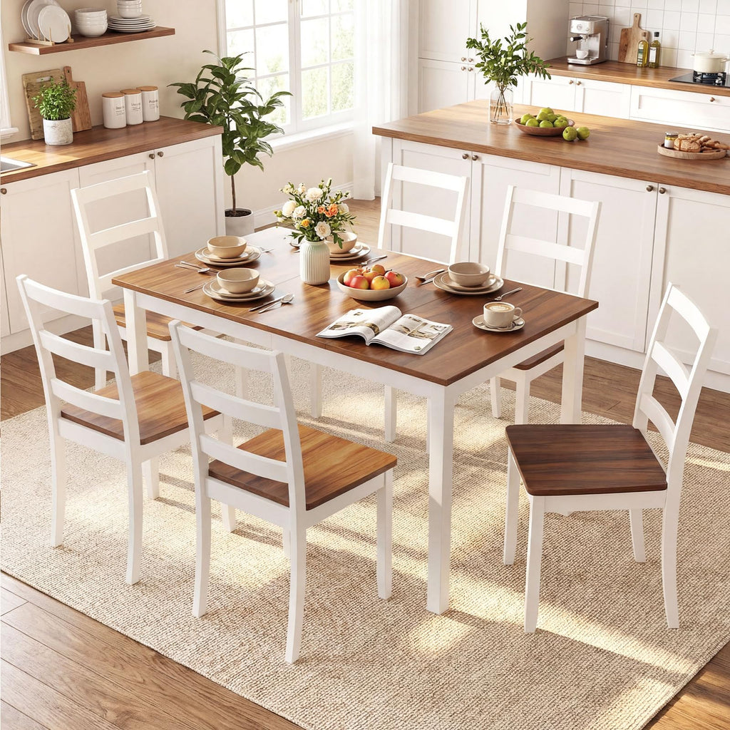 7-Piece Dining Table Set for 6, Rectangular 60-inches Kitchen Table and 6 Dining Chairs with Rubber Wood Legs