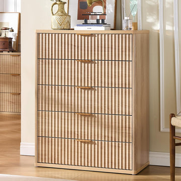 Fluted 5 Drawers Dresser , 41" Tall Modern Chest of Drawers with Metal Handle, Curved Profile Design,Natural Wood