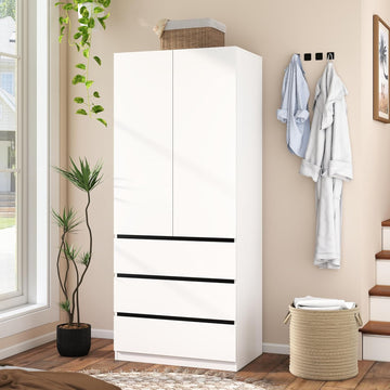 Armoire Wardrobe Closet with Drawers:75" Large White Wardrobe Closet Cabinet with 2 Doors for Hanging Clothes, Modern