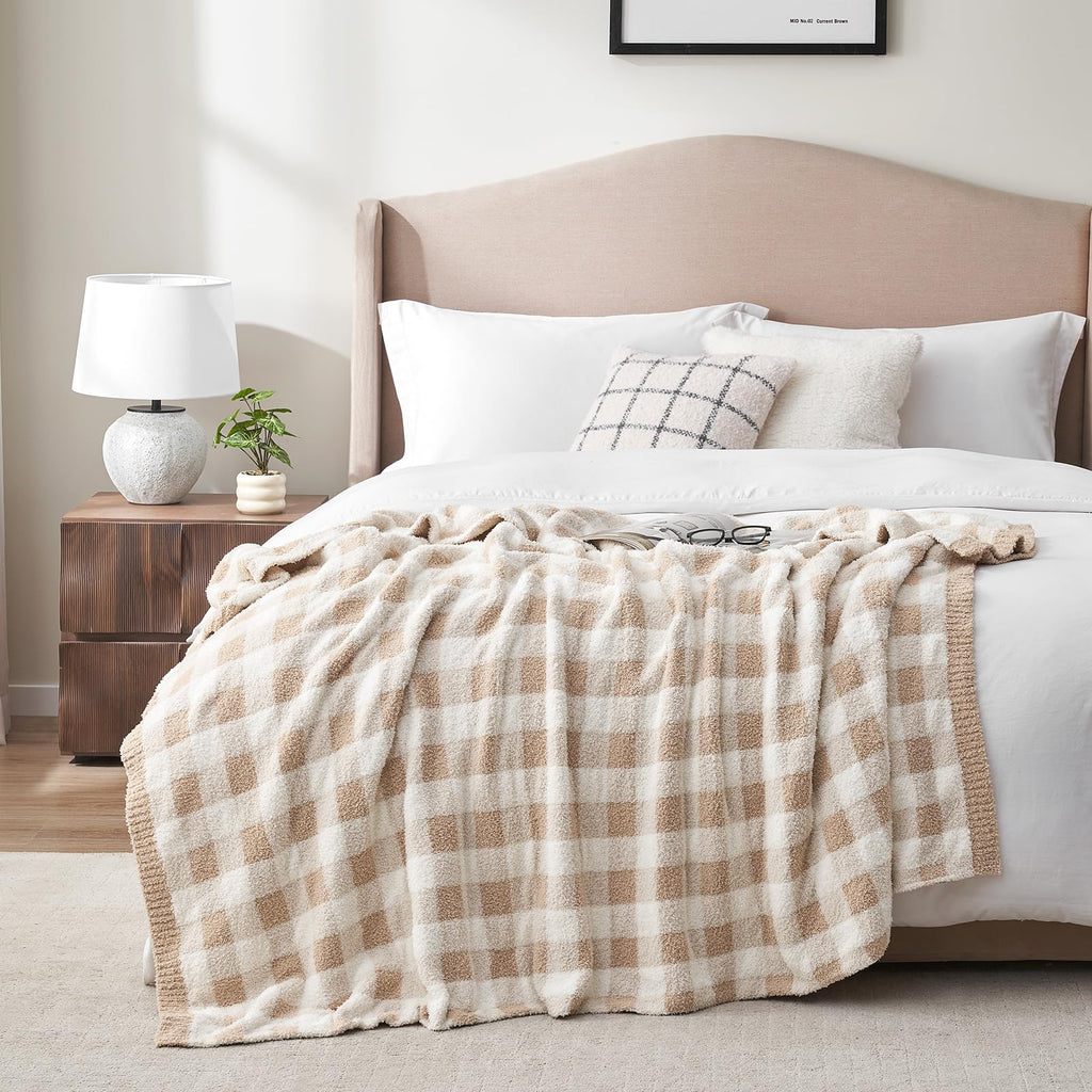 Checkered Throw Blanket for Couch, Super Soft Cozy Warm Knit Netural Decorative Fluffy Blankets, Reversible Buffalo