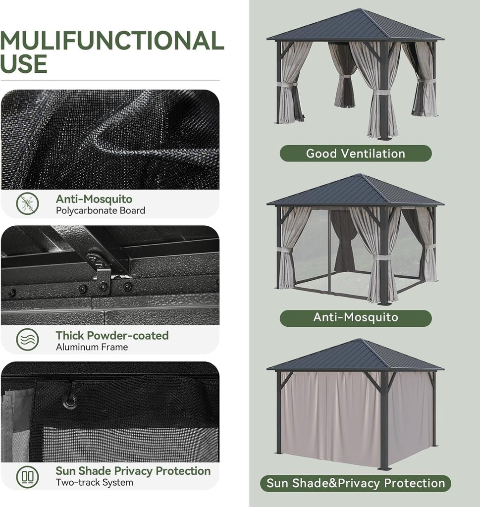 Hardtop Gazebo 10x10,Metal Frame Canopy with Galvanized Steel Roof