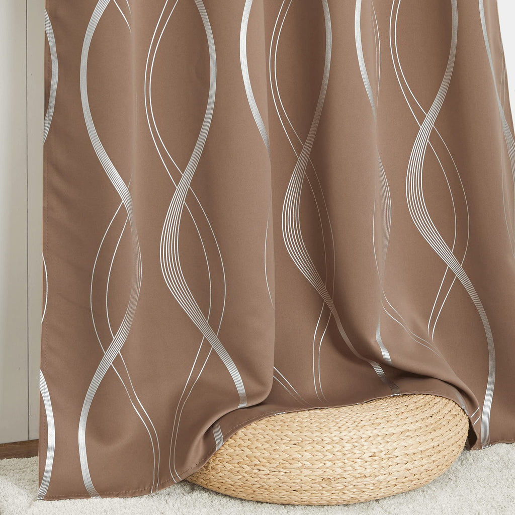 Blackout Short Curtains Panels, Microfiber Noise Reducing Thermal Insulated Wave Line Foil Print Design Blackout