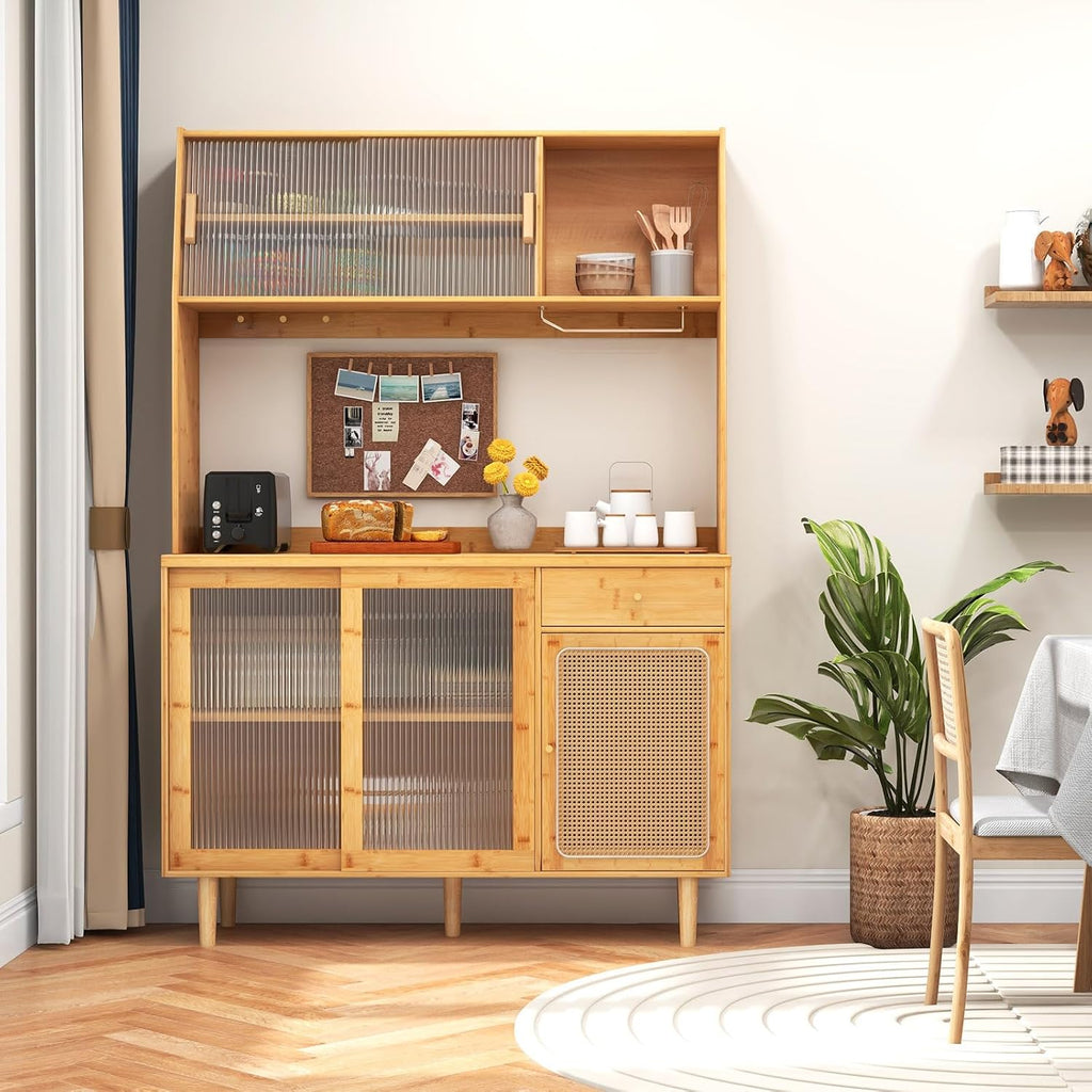 69" Kitchen Pantry Cabinet, Bamboo Hutch Storage Cabinet w/Storage