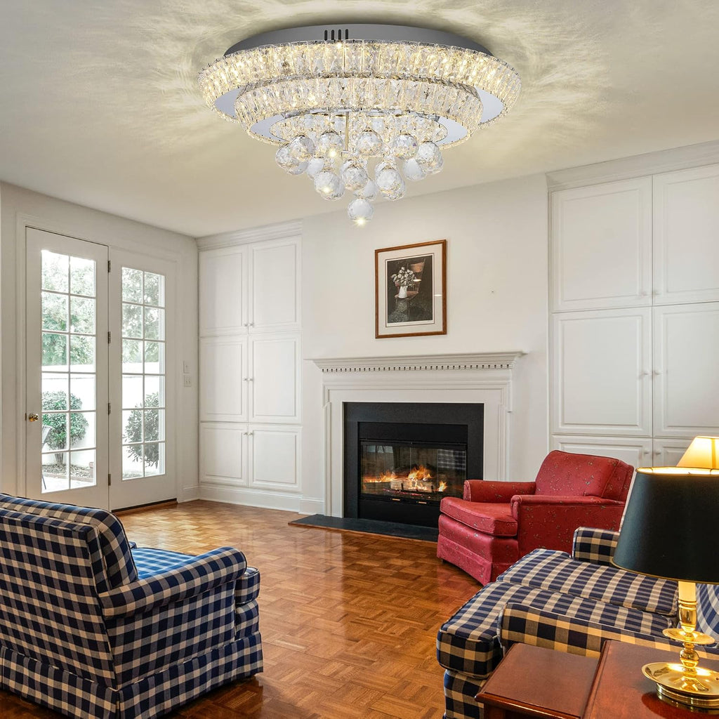 Elegant LED Crystal Raindrop Ceiling Light,20" Flush Mount Chandelier Light Fixture with Remote Control for Living