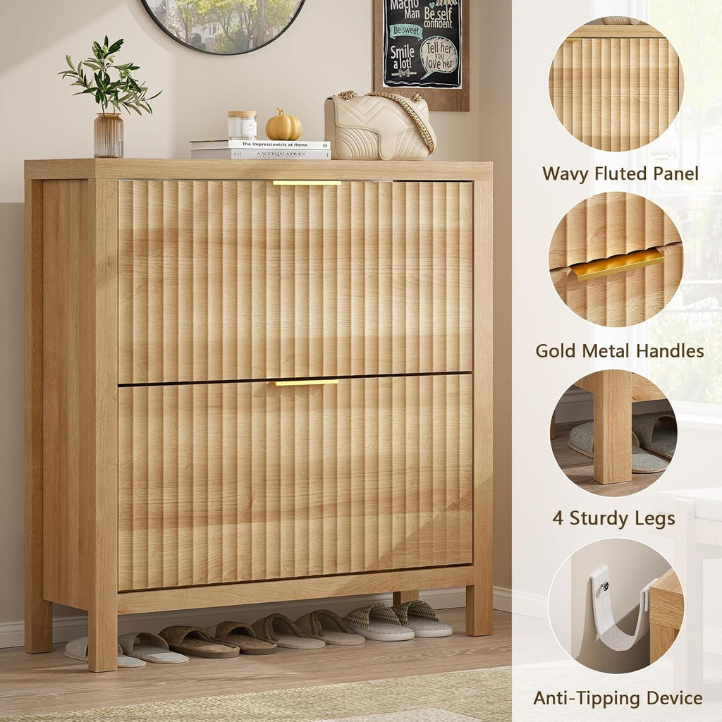 Shoe Cabinet Storage , Fluted Shoe Cabinet with 2 Flip Drawers, Hidden Shoe Rack Tall Freestanding Shoe Organizer