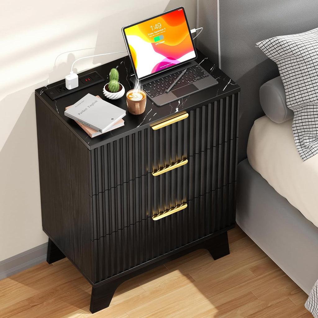 Black Fluted Nightstand Set of 2 with Charging Station, 3 Drawer Small Bedside Table, Faux Marble Top, 2 AC & Dual
