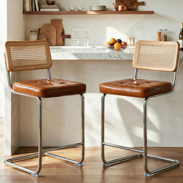 Natural Rattan Bar Stools Set of 2 with Solid Wood Back, 24 Inch Mid Century Modern Counter Height Stools, Brown Faux
