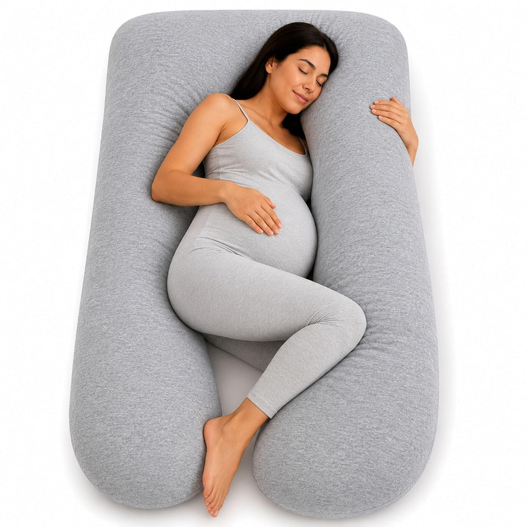 U-Shaped Pregnancy Pillow - 100% Cotton Cover, Full Body Maternity Support for Belly, Back and Legs - Bonus Eye Mask