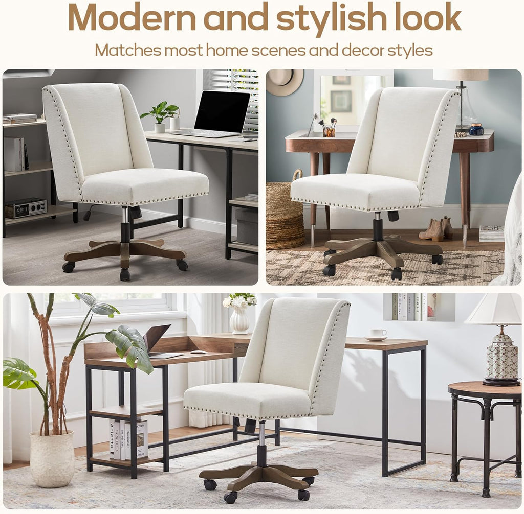 Armless Upholstered with Wooden Legs, Modern Criss Cross Adjustable Home Office Desk Chair No Arms Sewing Chair