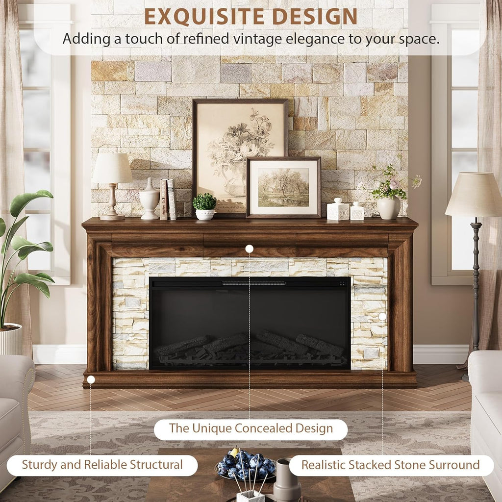 70" Fireplace TV Stand Up to 80" TVs, 42" Modern Electric Fireplace with Mantel
