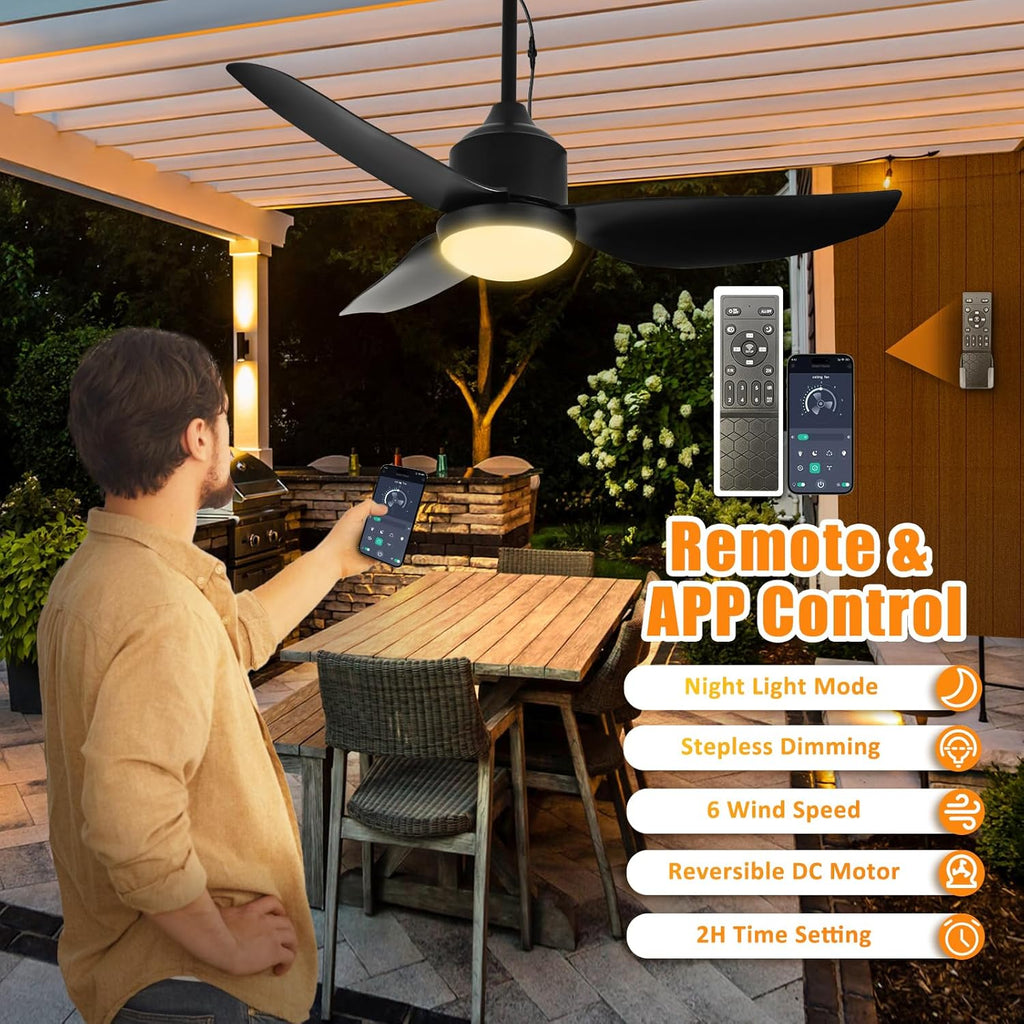 42 Inch Black Waterproof Gazebo Fans with Lights Outdoor Hanging - Plug in Remote App Control for Patios Indoor Farmhouse Porch - 6 Speed Reversible DC Motor