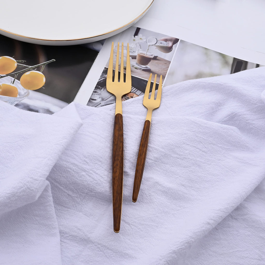 16-Piece Silverware Set with Cake Fork, Gold Stainless Steel Flatware Cutlery Set, Eating Utensils Set with Wooden