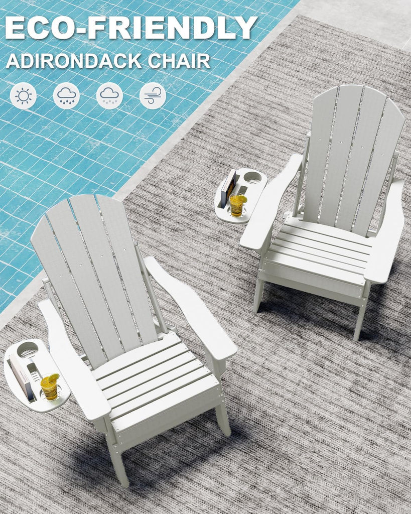 Adjustable Adirondack Chair with Cup Holder, HDPE, White | All-weather HDPE Outdoor Chair with Multifunctional Cup