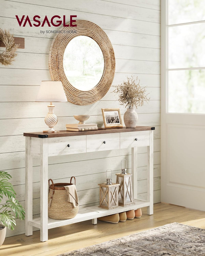 Console Sofa Table, Narrow Entryway Table with 3 Drawers, Open Storage Shelf, Metal Corners, , Farmhouse