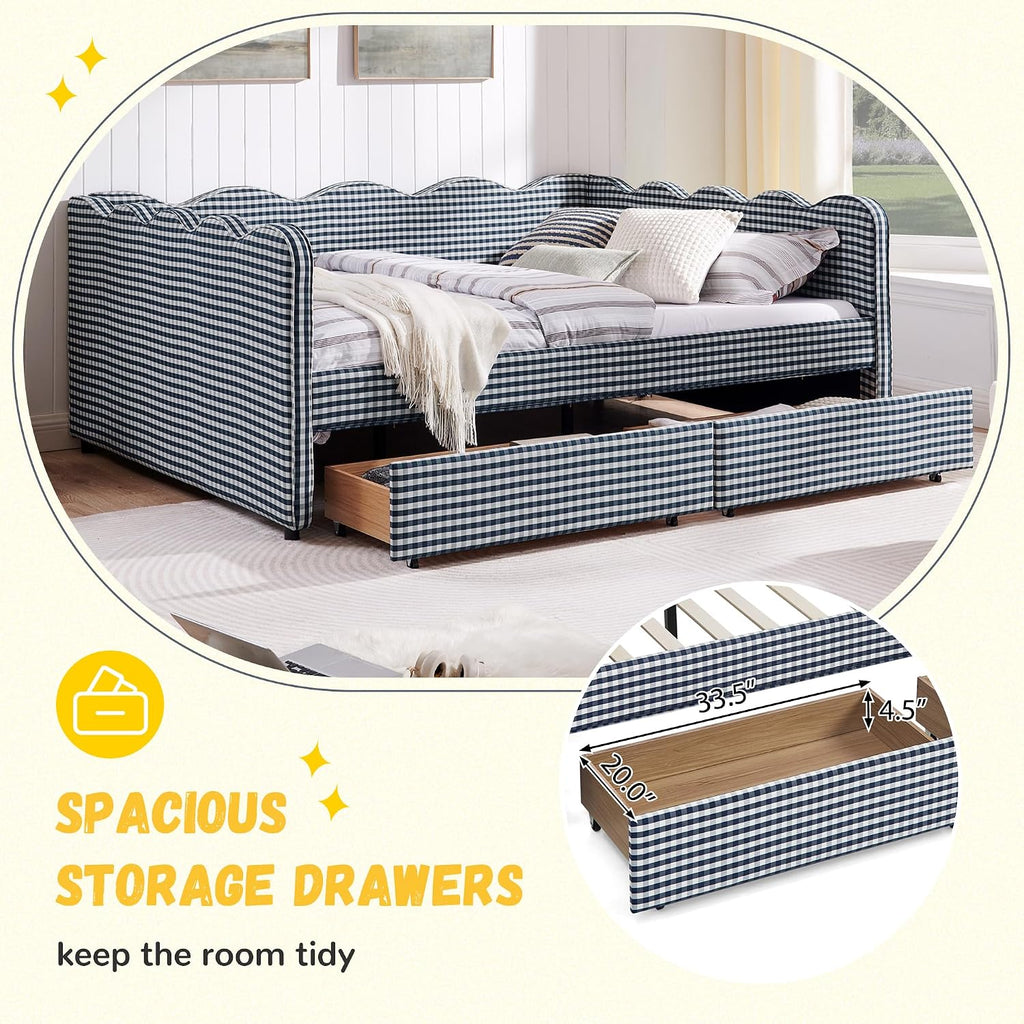 Queen Size Gingham Daybed with 2 Storage Drawers and USB Ports | Upholstered Daybed Living Room Guest Room-Navy