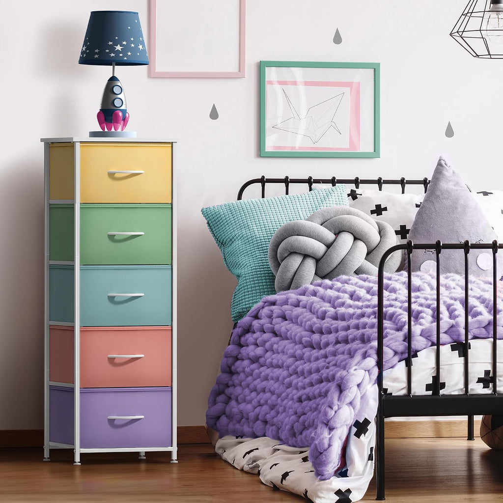 Fabric Dresser for Kids Bedroom - Chest of 5 Drawers, Tall Storage Tower, Clothing Organizer, for Closet, , Steel