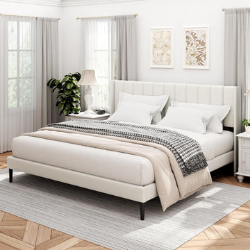 King Bed Frame and Headboard,Vertical Channel Tufted Wingback No Box Spring Needed, Mattress Foundation