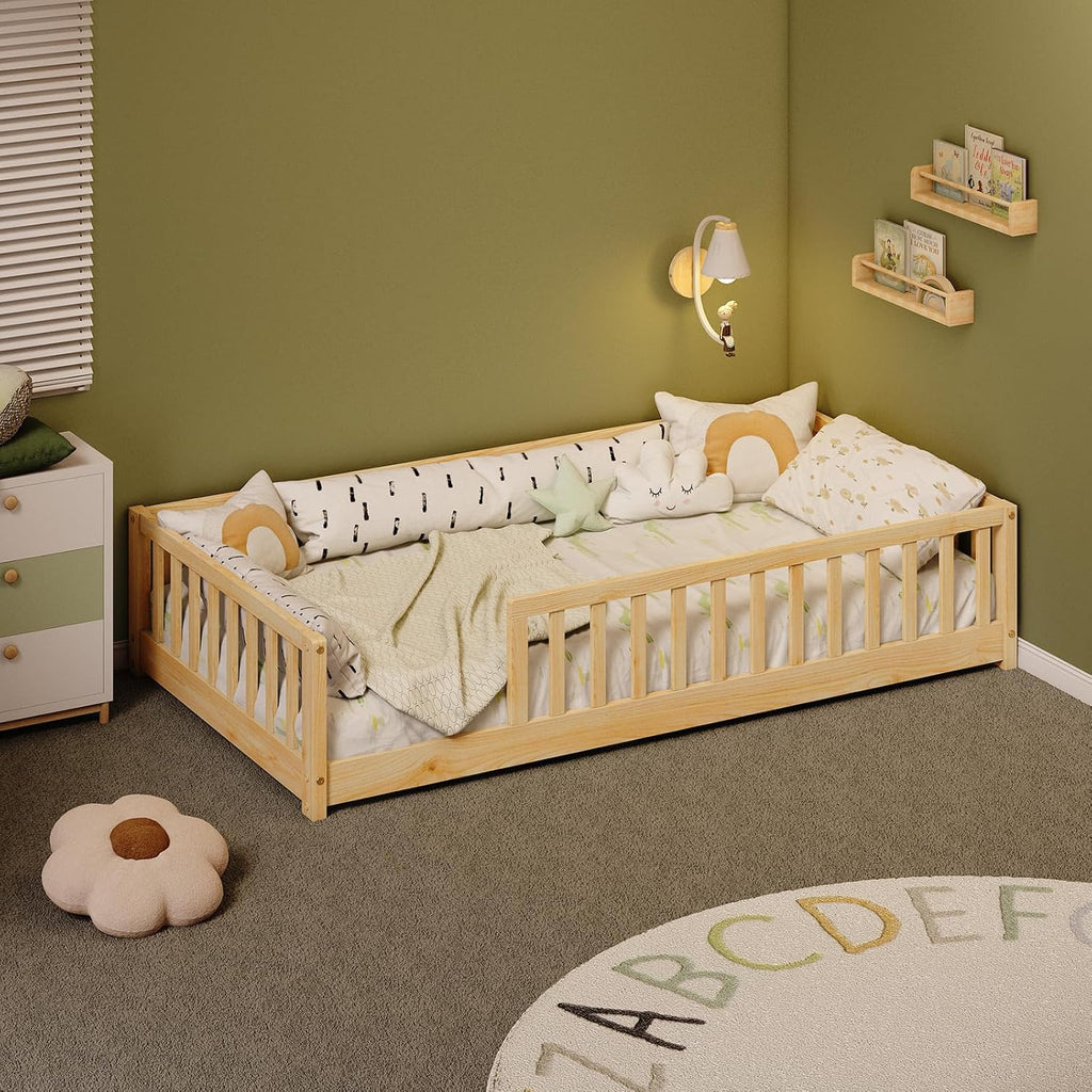Twin Montessori Floor Bed with Rails | Solid Wood Natural Floor Bed Frame for Kids, Montessori Bed with Slats, No Box