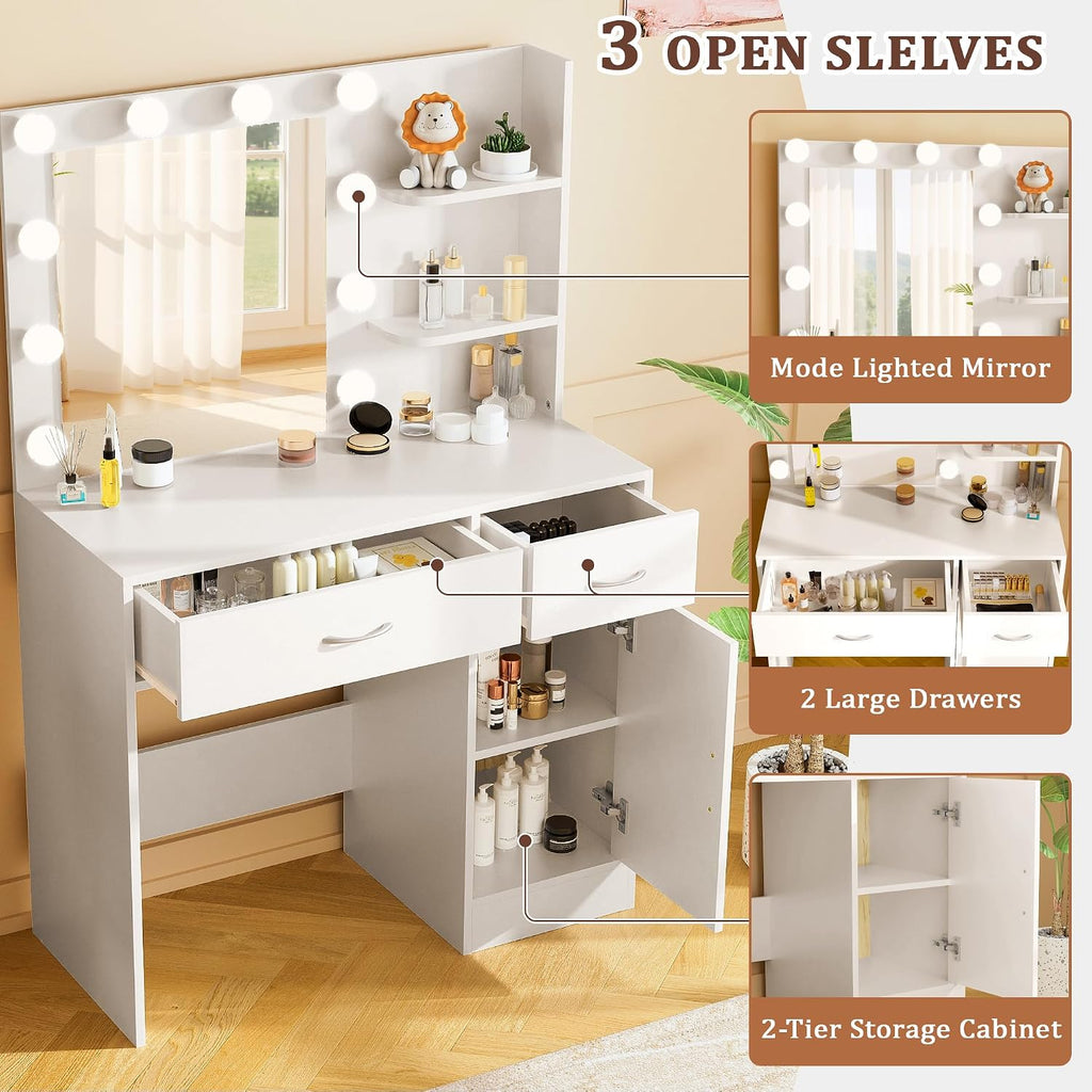 35.4" White Makeup Vanity Desk with 10 Hollywood Light Bulbs | Dimmable Lighting, Large Mirror, Storage Cabinet