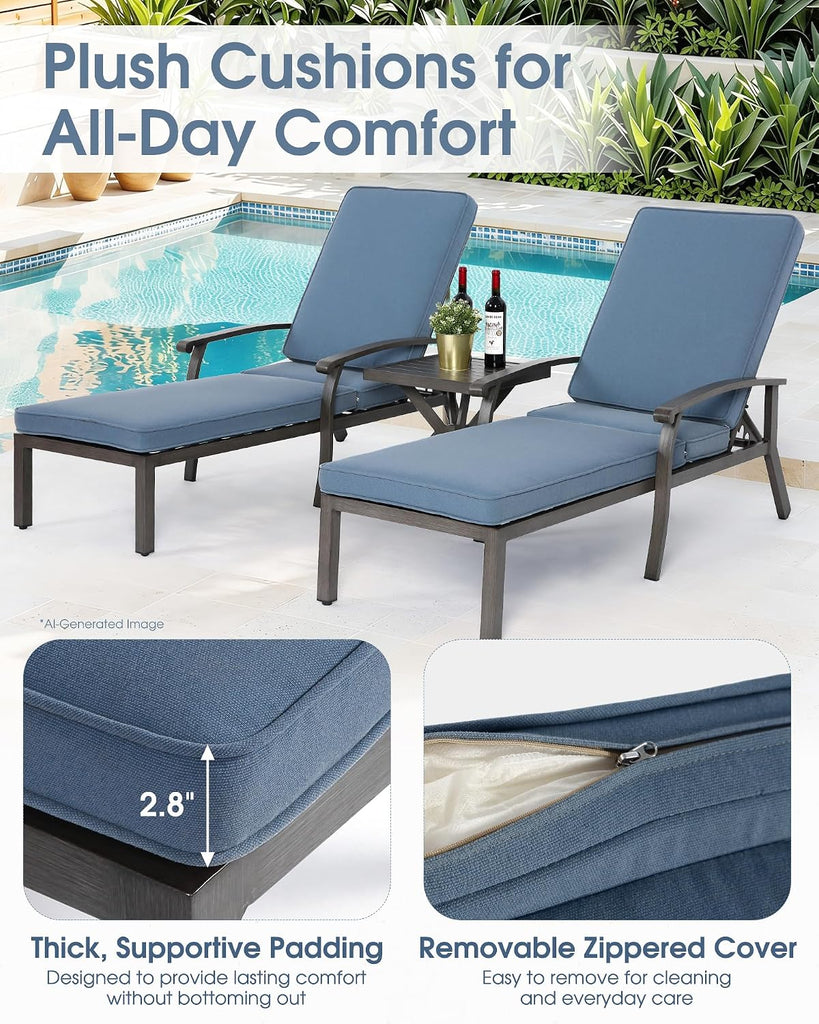 Chaise Lounge Chair Set of 2, Hand-Finished Wood Grain Cast Aluminum Reclining Loungers with Cushions, 5-Position