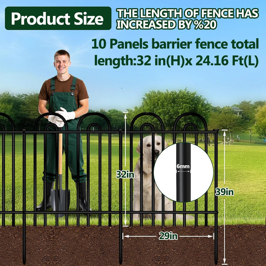 Decorative Garden Fence, 10 Panels No Dig Fence, 32 in(H) x 24.16 ft(L) Animal Barrier for Dogs Rabbits, Rustproof