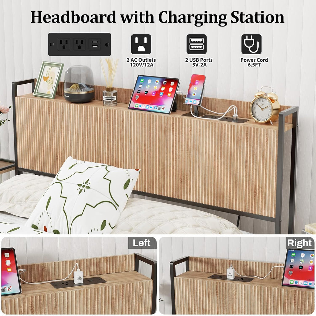 King Headboard Only with Outlets, Wall Mount Wood Fluted Headboard with Storage, Height Adjustable, Storage Rack