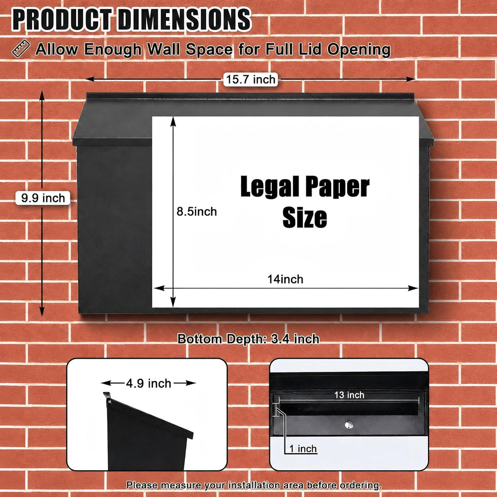 Locking Wall Mount Mailboxes Mail Box with Key Lock, Security Drop Box, Metal Post Box Decorative,15.7 * 9.9 * 4.9in