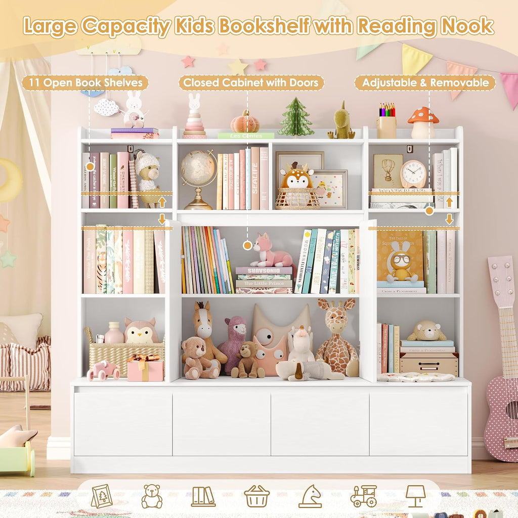 54" W Kids Bookshelf and Toy Storage Organizer Cabinet w/Reading Nook Bench | Kids Bookcase with 10 Storage Cubes & 4