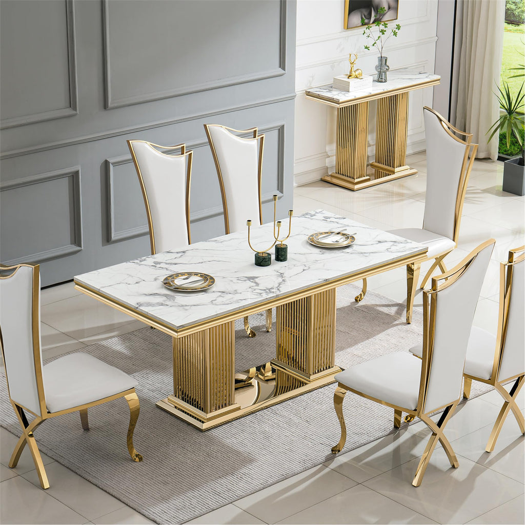 Marble Dining Table for 6 People, 70'' Rectangle Faux Marble Dining Table with Gold Mirrored Finish Stainless Steel