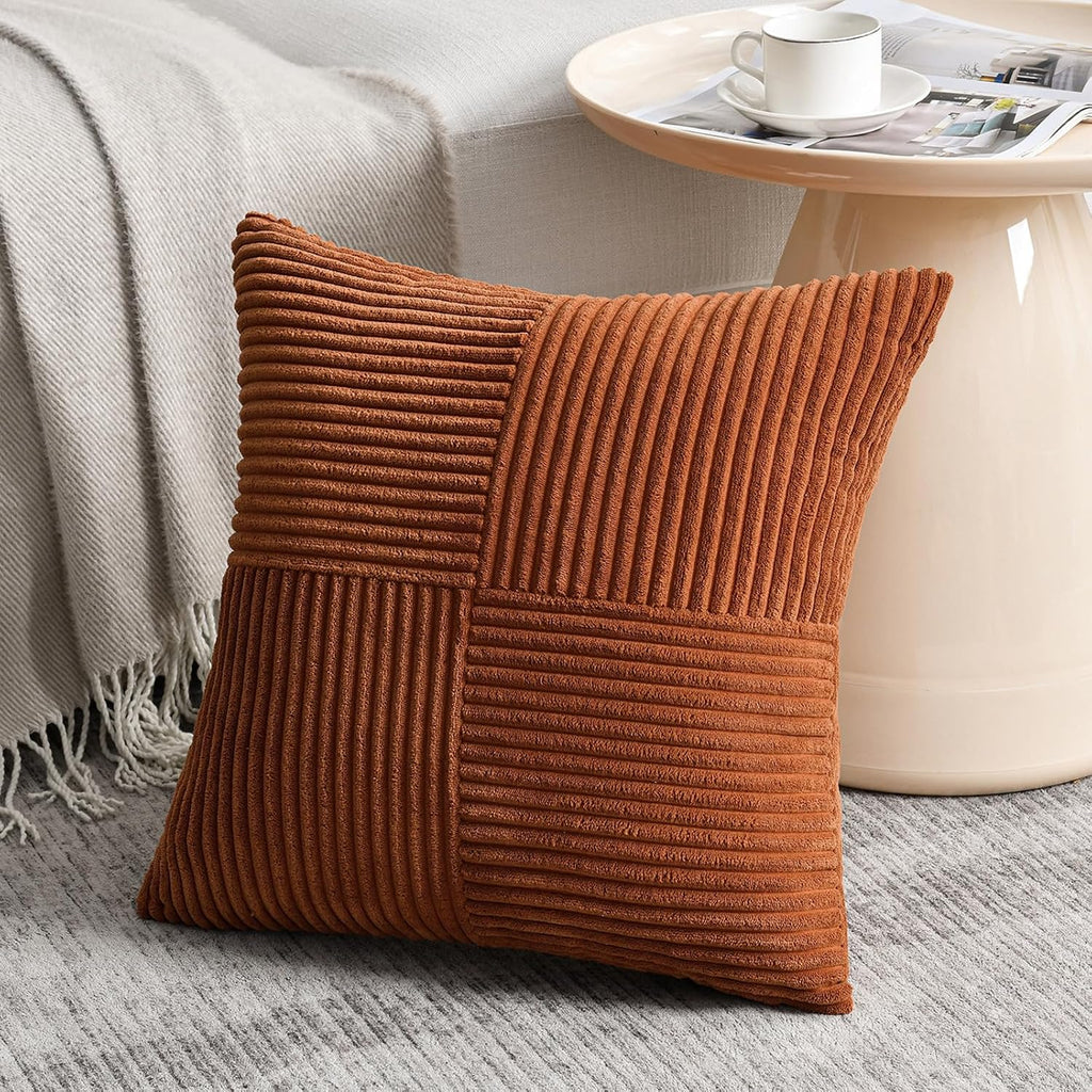 2 Packs Rust Boho Decorative Throw Pillow Covers 18x18 Inch, Farmhouse Fall Home Decor, Soft Corss Corduroy Patchwork