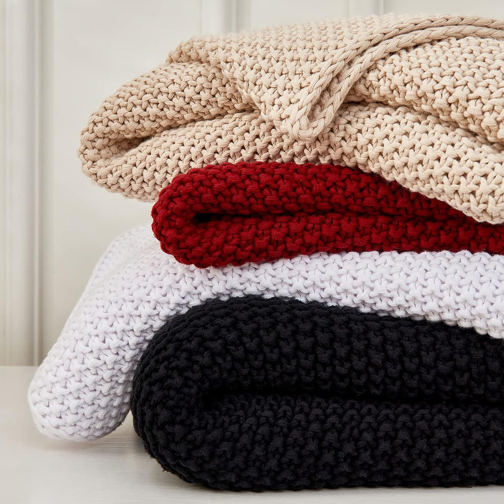 Chunky Cable Knit Throw Blanket Lightweight Beige 100% Organic Cotton Blanket, Rustic Shabby Chic Modern Farmhouse