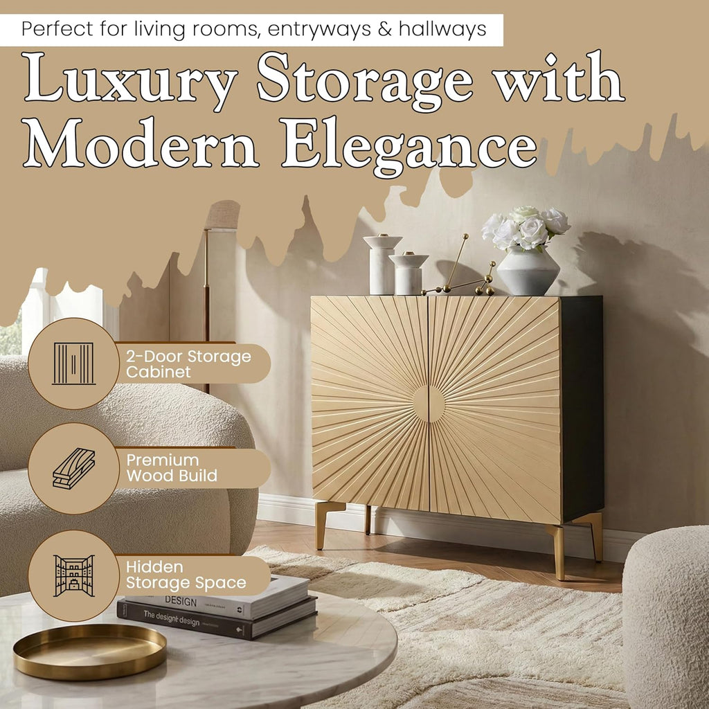 2-Door Storage Cabinet - Accent Sideboard Buffet in Gold & Black, Storage Cabinet for Living Room, Hallway, Kitchen