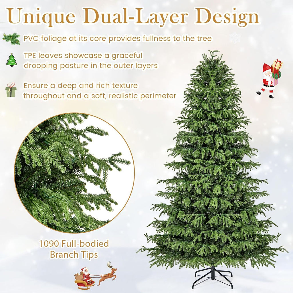 7 FT Pre-Lit Artificial Christmas Tree, Hinged Full Xmas Tree with 1090 PVC & Soft TPE Branch Tips, 370 Warm White