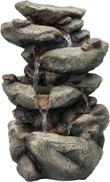 14" Indoor Tabletop Rainforest Rock Water Fountain with LED Lights, Tiered Desktop Fountain and Office Décor, Gray